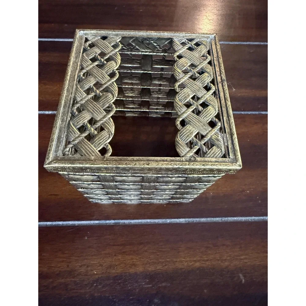 Hollywood Regency Vintage Square Tissue Box Cover Brass Metal Basket Weave